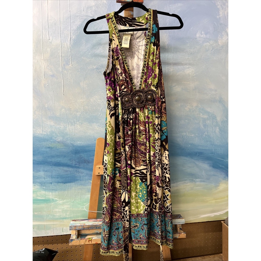 ICE Vintage Beaded Boho Hippie Festival Dress Size Medium Y2K Belted